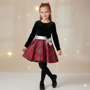 Bonnie Jean Velvet and Plaid Dress with Silver Bow